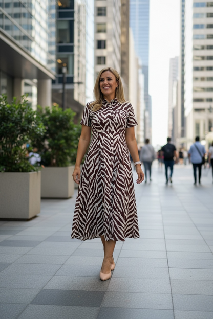 Vestido Largo de Botones Estampado Zebra Print en Café