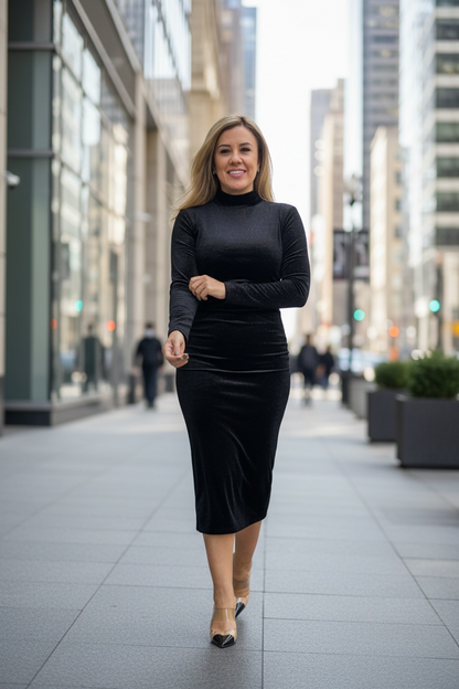 Vestido Negro Metálico de Manga Larga Tela de Velvet