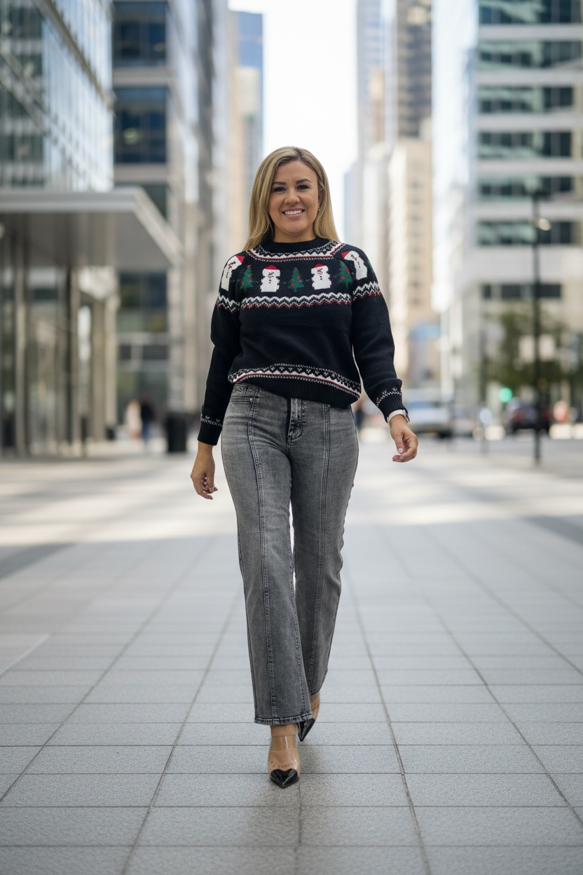 Suéter Negro Navideño Estampado Monos de Nieve