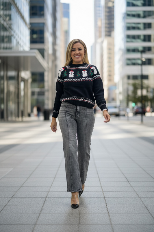 Suéter Negro Navideño Estampado Monos de Nieve