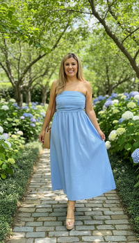 Vestido Straple Azul Estampado Rayas Blancas