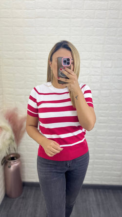 Blusa Suéter de Manga Corta a Rayas Rojo/Blanco