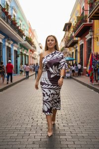 Vestido Estampado Celeste con Café