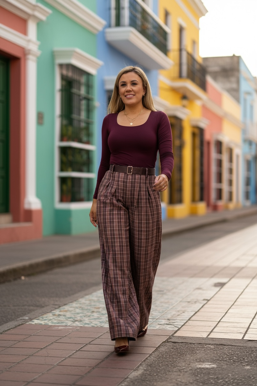 Pantalón Tonos Cafés Estampado a Cuadros con Cinto