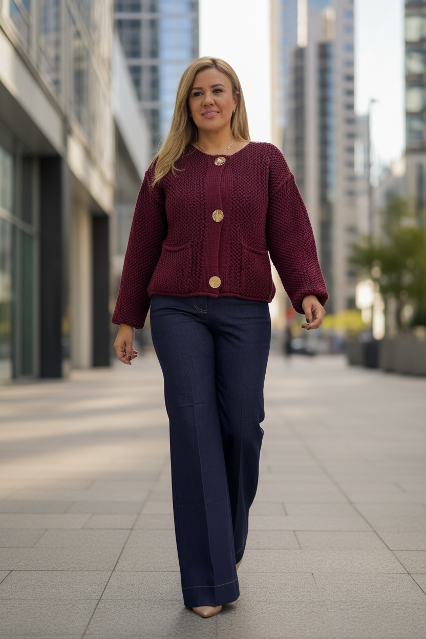 Blazer Estilo Suéter Tejido Translúcido Color Guindo