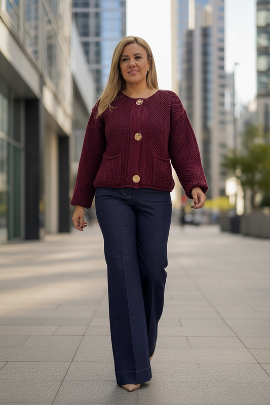 Blazer Estilo Suéter Tejido Translúcido Color Guindo