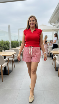 Short Estampado a Rayas Rojo Blanco con Jaretas