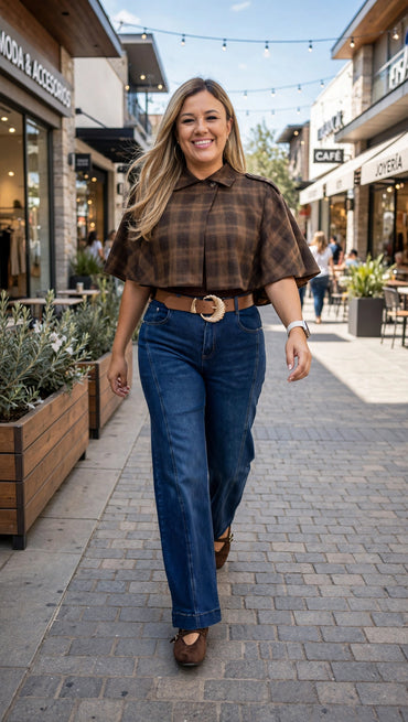 Blusa Capa Corta Café Estampada a Cuadros