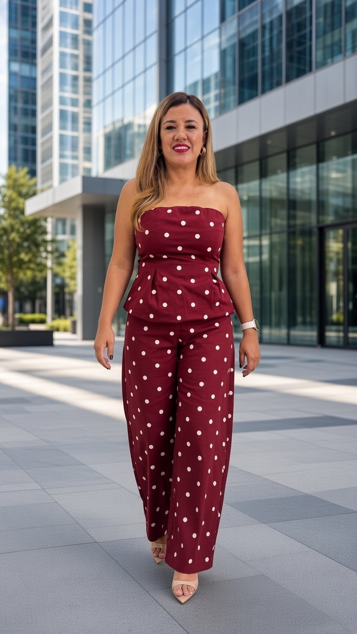 Conjunto Guindo de Mezclilla Polka Dots de Blusa Straple y Maxi Pantalón
