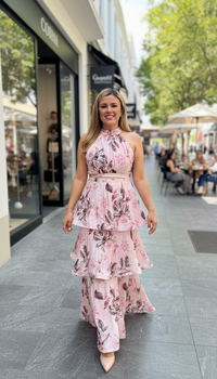 Conjunto de Blusa Halter y Falda de Olanes, Estampado Floral