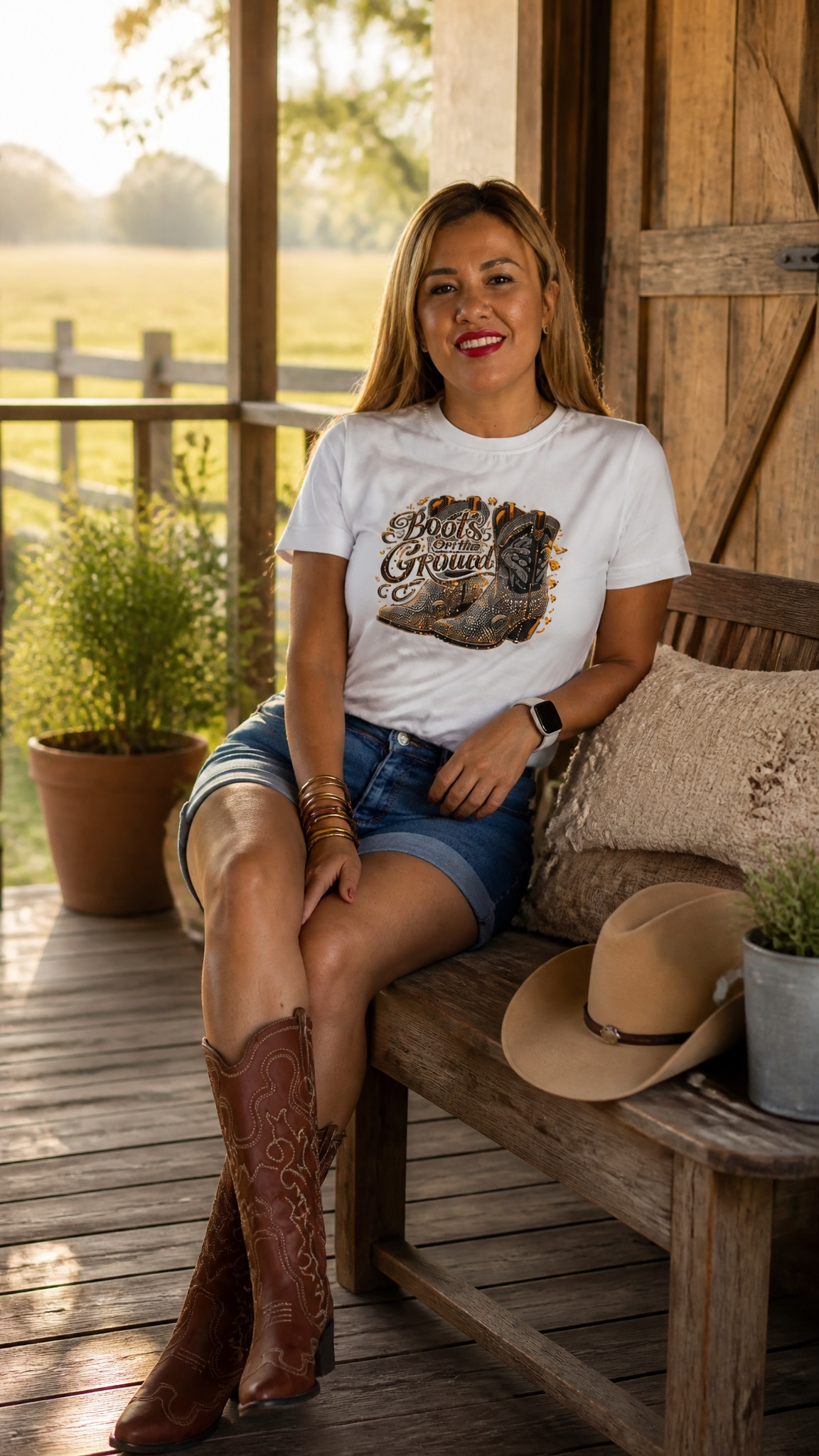 Blusa Blanca Estampado Botas Vaqueras