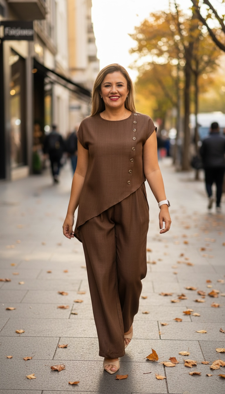 Set Café de Blusa con Botones Decorativos y Pantalón con Cintura Elástica