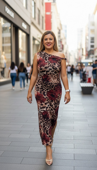 Vestido Color Café de Mesh Estampado Animal Print con Flores