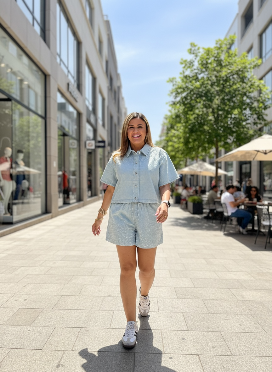 Conjunto Color Teal de Mezclilla Blusa y Short con Aplicaciones de Brillos