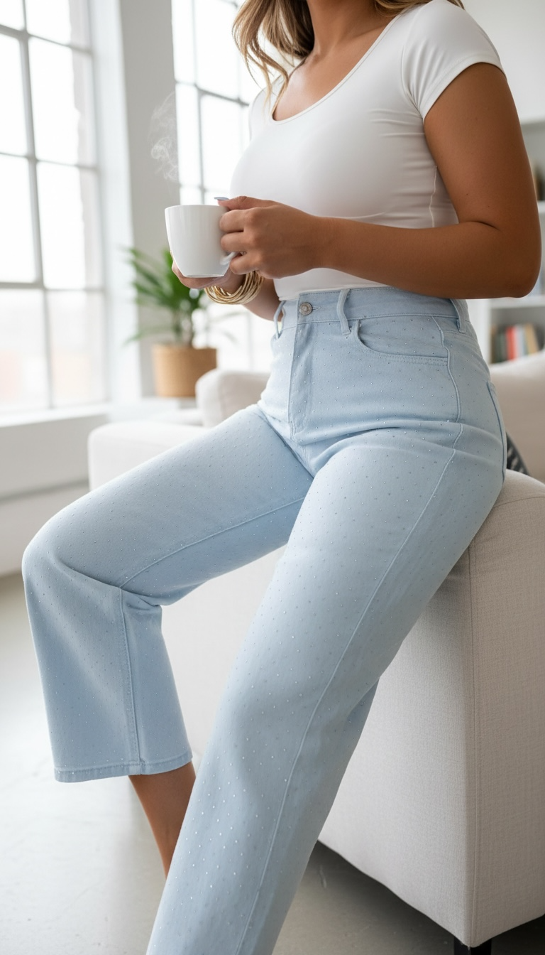 Pantalón de Mezclilla Ligera con Brillos Color Sky Blue