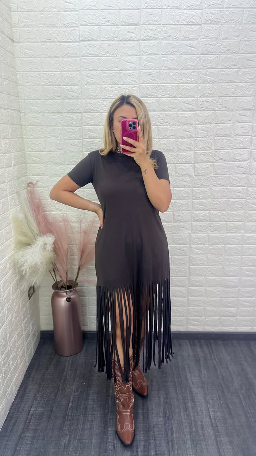 Vestido Vaquero Liso con Barbas Color Café