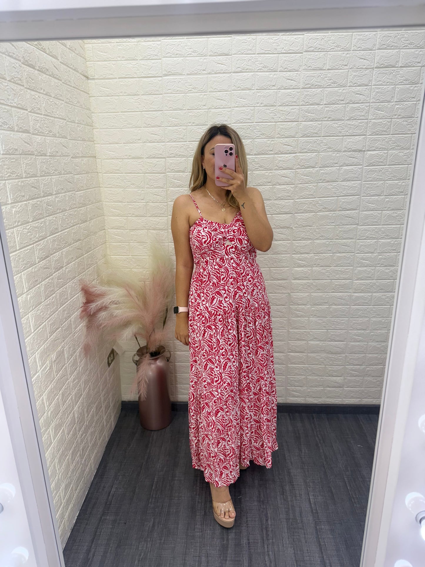 Conjunto de Blusa de Tirantes y Falda con Estampado Floral en Rojo