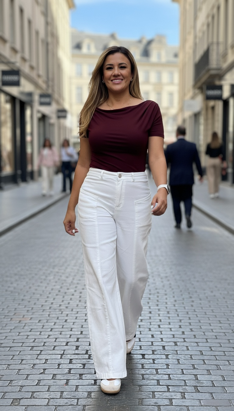 Blusa Guinda de Manga Corta con Broche Dorado y Plisados