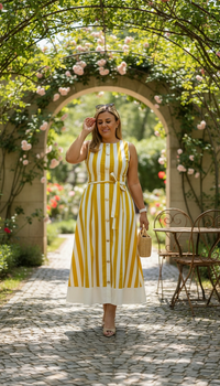 Vestido Beige con Estampado Rayas Mostaza