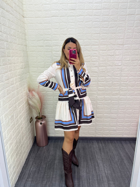 Vestido Beige Estampado a Rayas Tonos Café