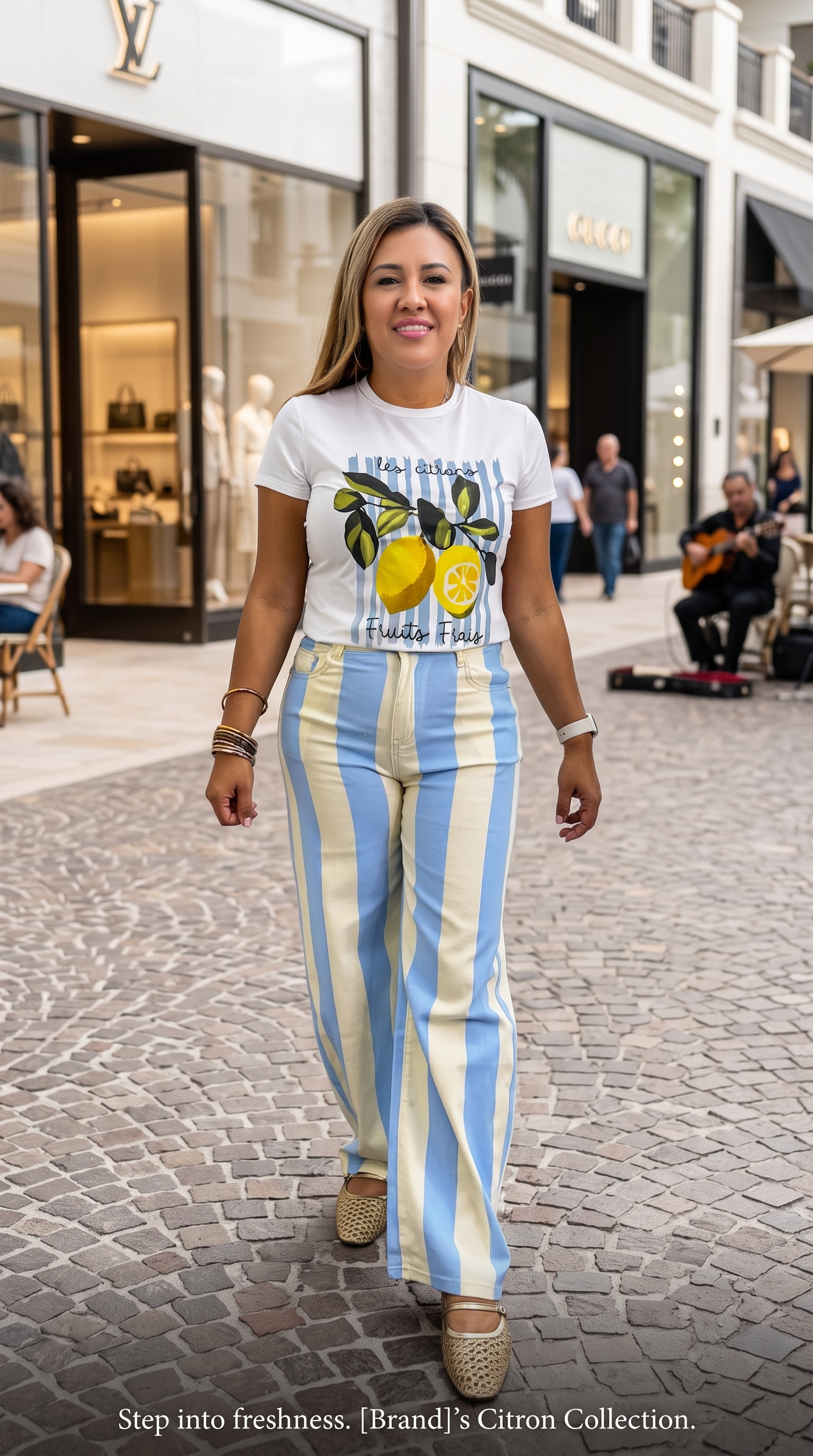 Jeans de Mezclilla Estampado a Rayas Celeste con Amarillo Mantequilla