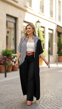 Vestido Negro con Blanco Estampado a Rayas