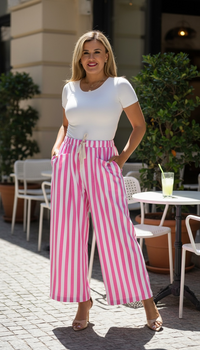 Jeans de Mezclilla Blanco Estampado a Rayas Rosas Corte Relaxed
