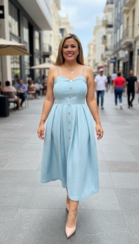 Vestido Largo Straple Color Azul Claro con Botones Dorados