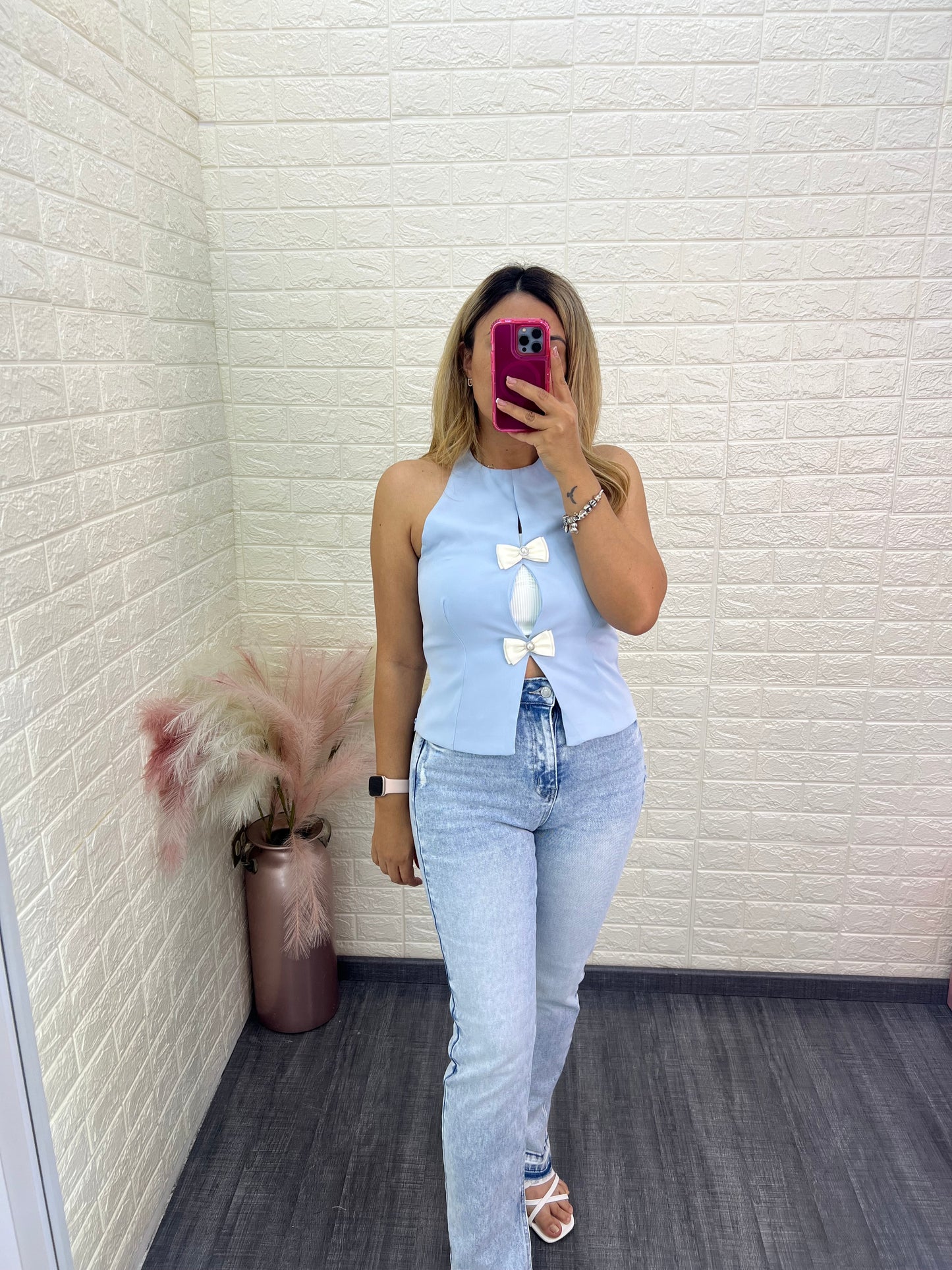 Blusa Cuello Halter Color Sky Blue con Moños