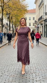 Vestido Guindo Estampado Polka Dots con Aplicaciones de Encaje