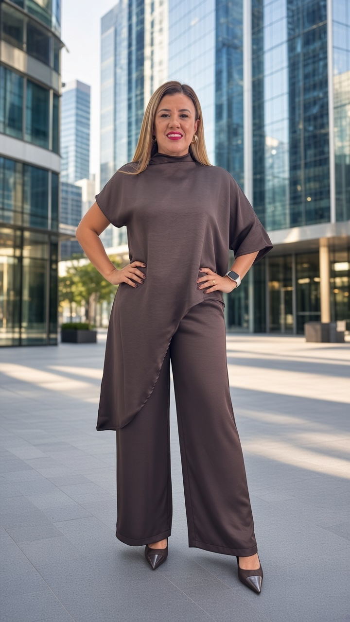 Conjunto Café de Blusón Largo Asimétrico con Pantalón de Cintura Elástico