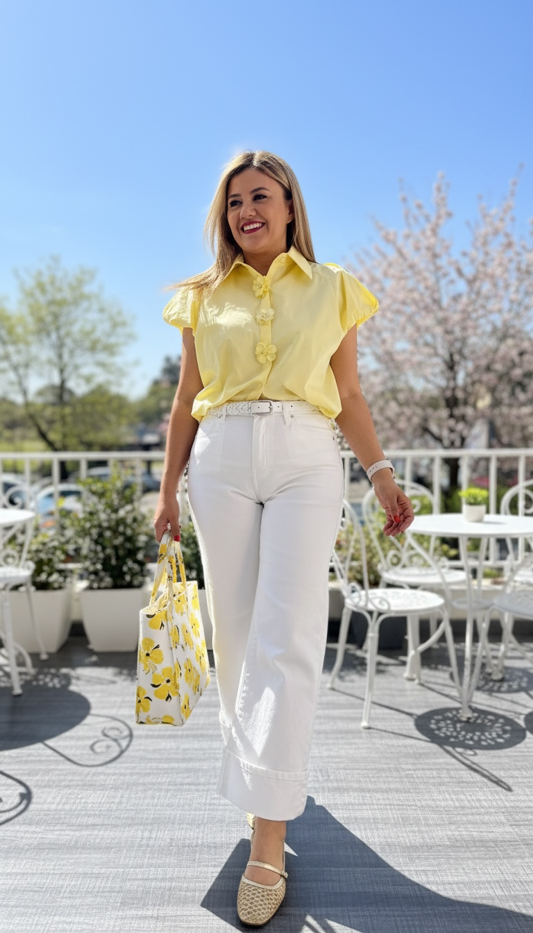 Blusa Amarilla Con Botones Decorativos de Flor