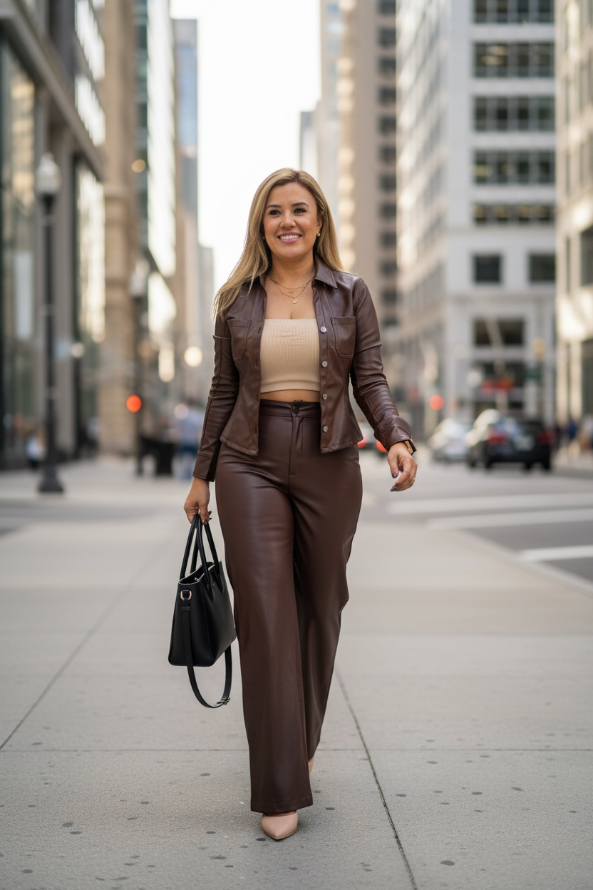 Blusa Café de Vinipiel de Manga Larga