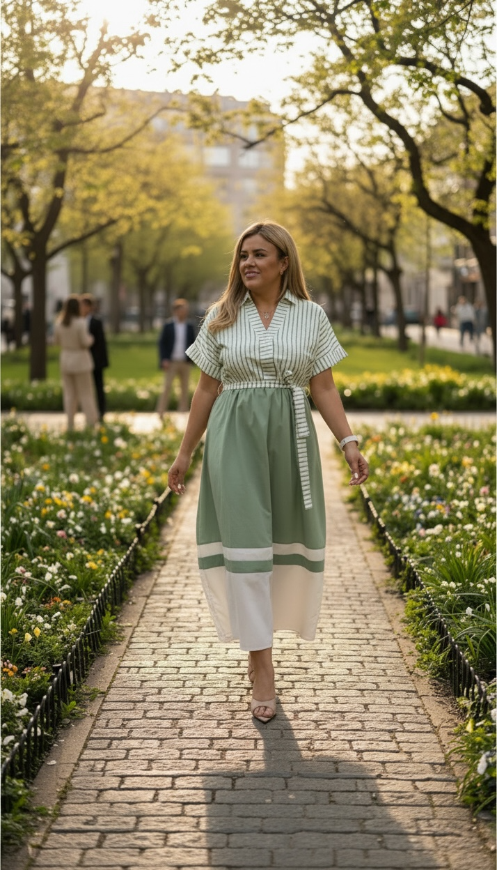 Vestido Cuello V Verde Con Beige y Rayas Arriba y Color Sólido Abajo