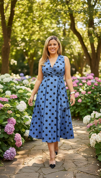 Vestido Azul con Estampado Polka Dots Negro