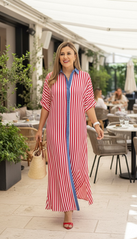 Vestido Estampado a Rayas Blanco/Rojo con Cuello Azul