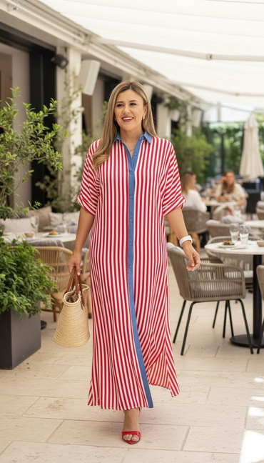 Vestido Estampado a Rayas Blanco/Rojo con Cuello Azul