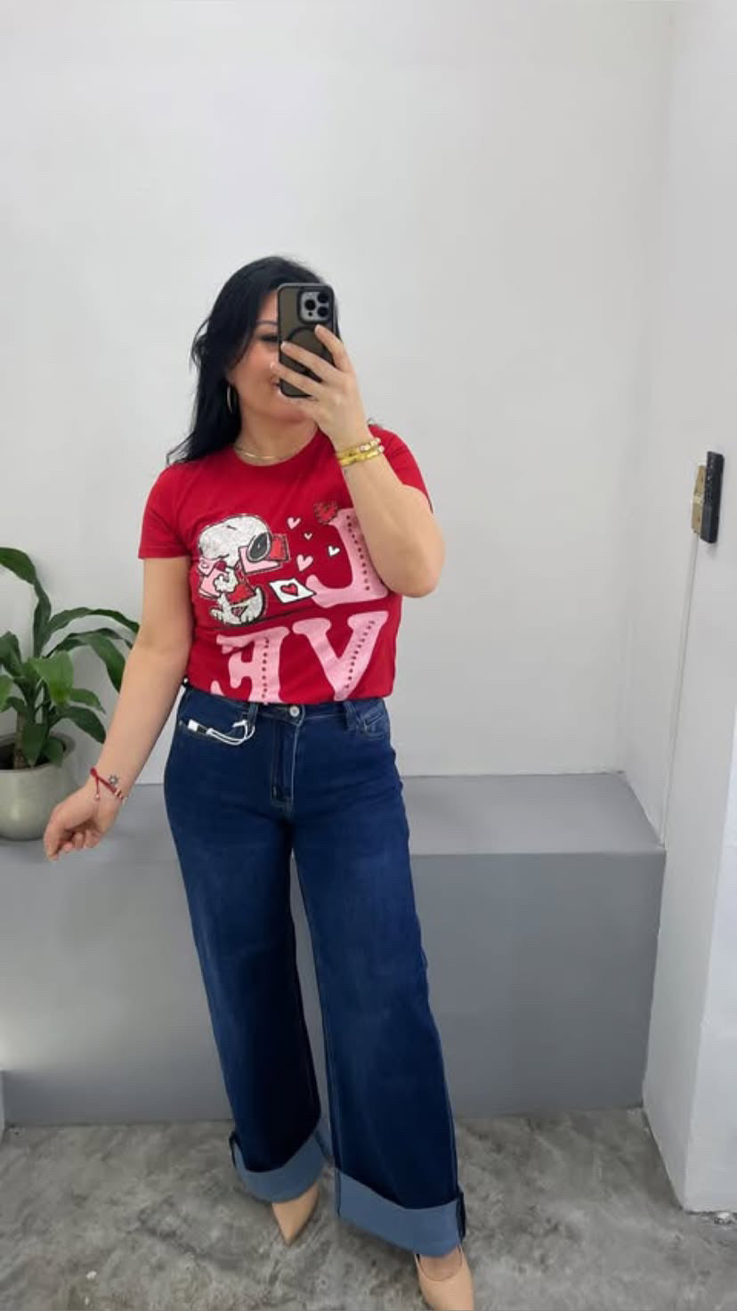 Blusa Manga Corta Roja Estampado Snoopy con Brillos