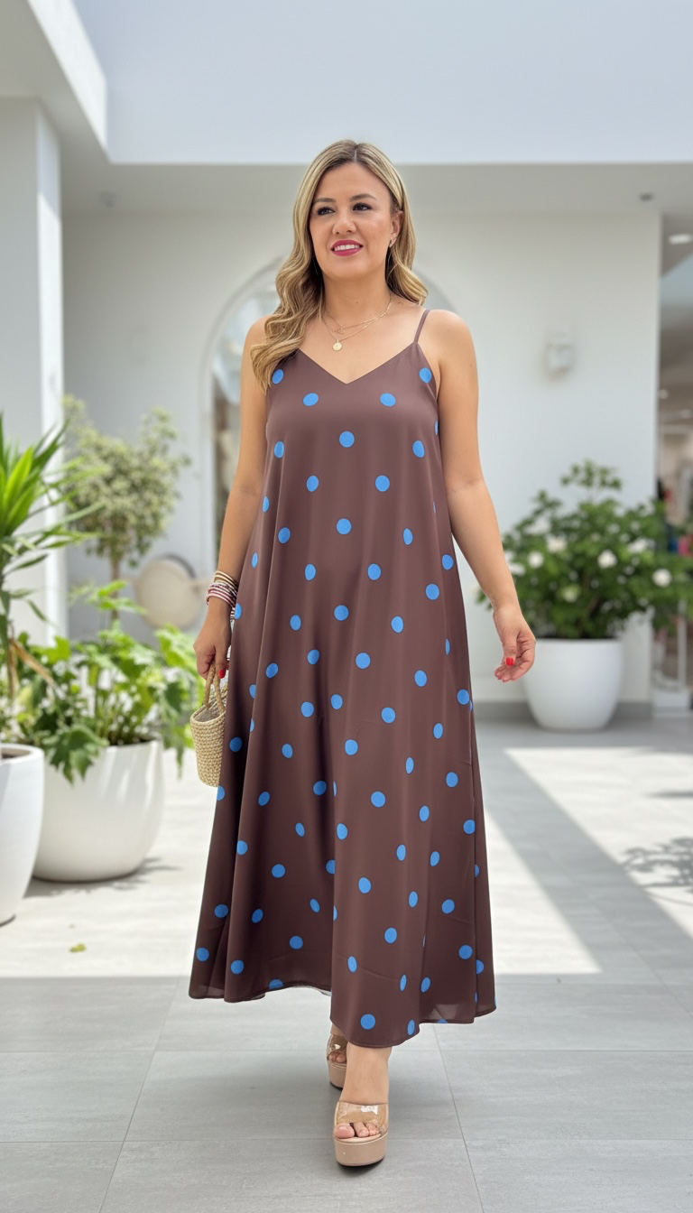 Vestido Café Satinado de Tirantes Estampado Lunares Azules