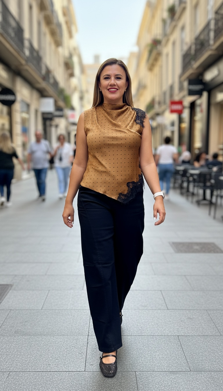 Blusa Color Café Sin Mangas Estampado Lunares Negros