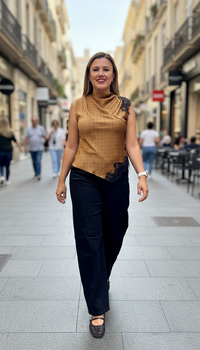 Blusa Color Café Sin Mangas Estampado Lunares Negros