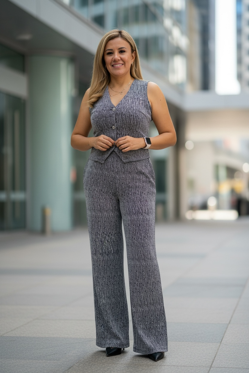 Conjunto Plateado de Blusa Chaleco y Pantalón