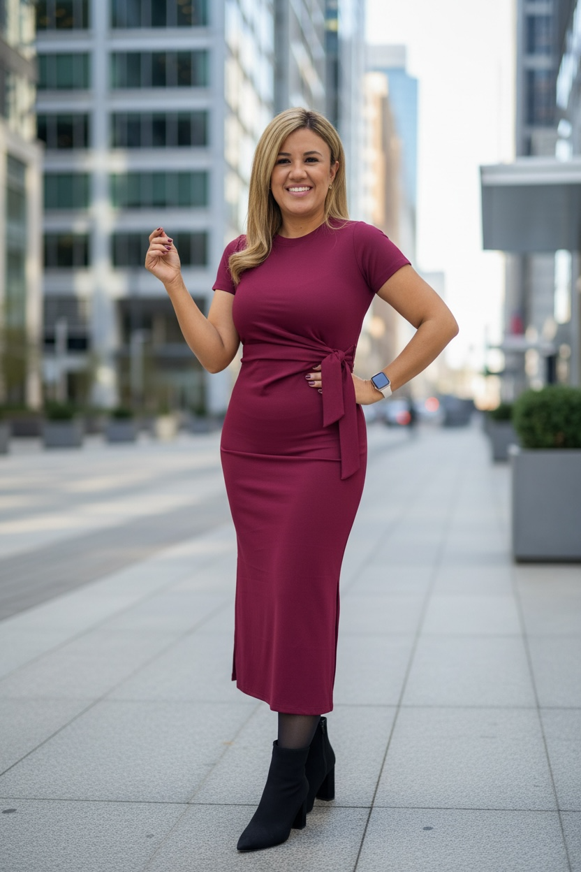 Vestido Largo Guindo de Manga Corta con Nudo al Frente