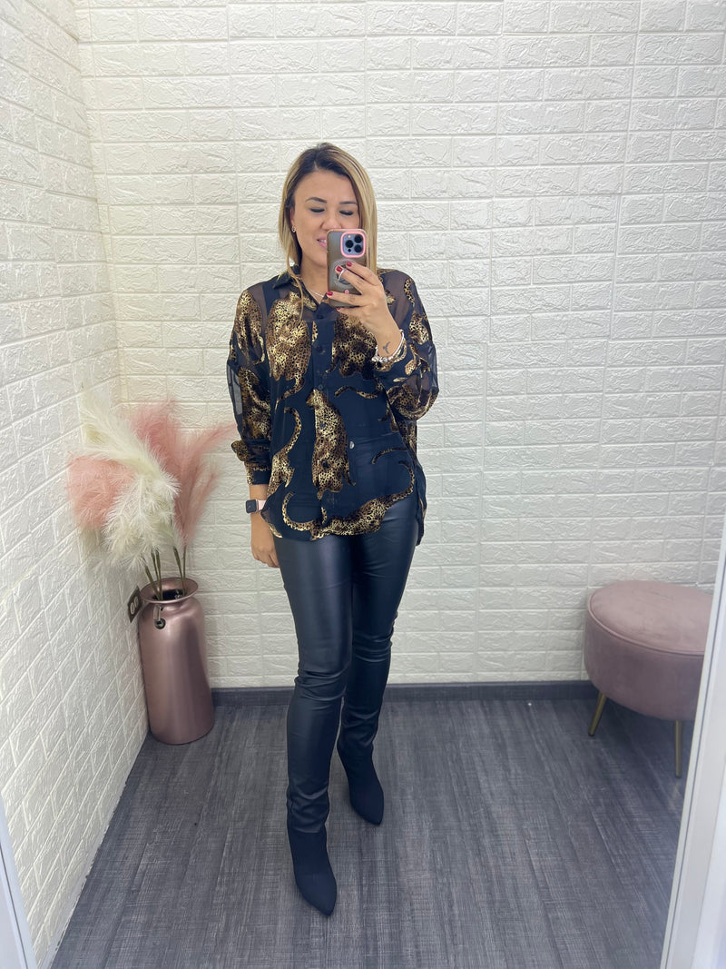 Blusa de Manga Larga de Botones Estampado Animal Print Obscuro