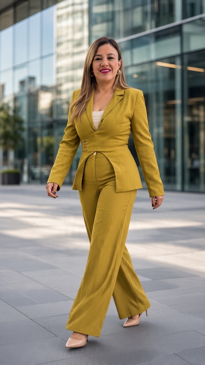 Conjunto Verde de Blusa Estilo Blazer y Pantalón Casual Recto