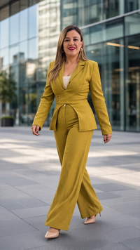 Conjunto Verde de Blusa Estilo Blazer y Pantalón Casual Recto