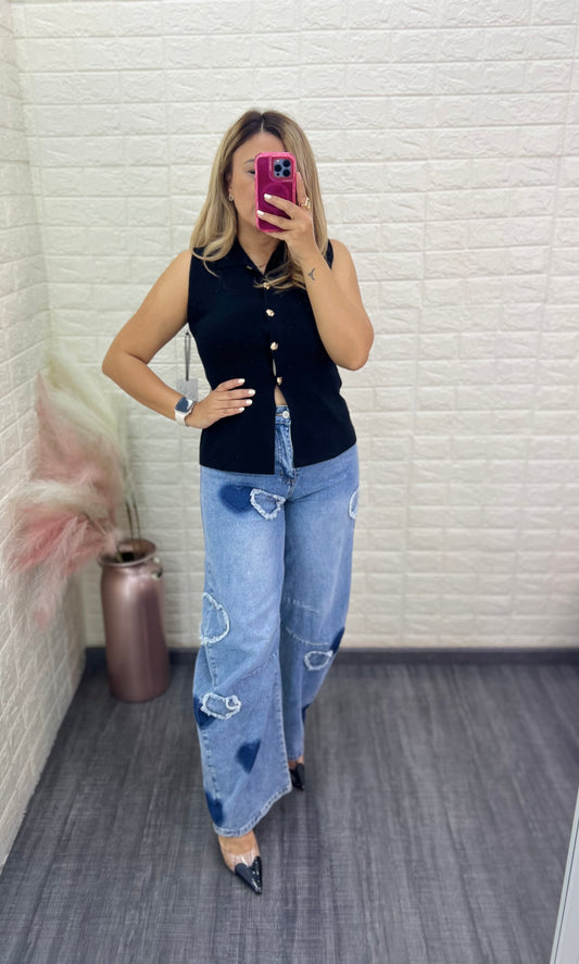 Blusa Negra Tela Tipo Suéter Sin Mangas con Botones Dorados
