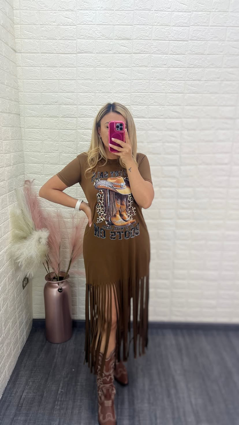 Vestido Café Claro Vaquero Estampado con Barbas