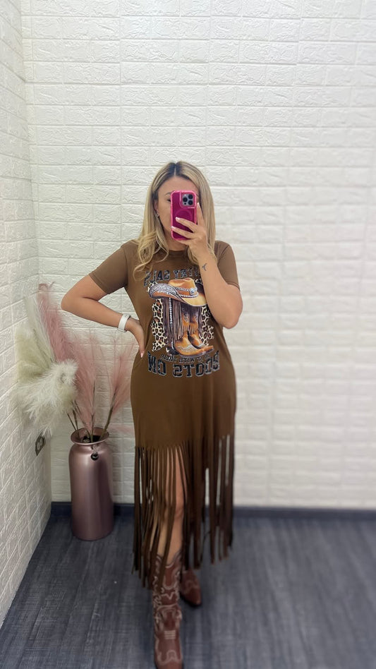 Vestido Café Claro Vaquero Estampado con Barbas