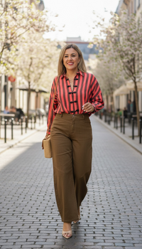 Blusa a Rayas Café con Naranja con Botones Decorativos
